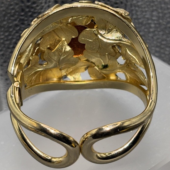 Vintage Whiting & Davis Amber Glass Leaf Cuff Bracelet Earrings Set Signed Gold - Picture 4 of 11